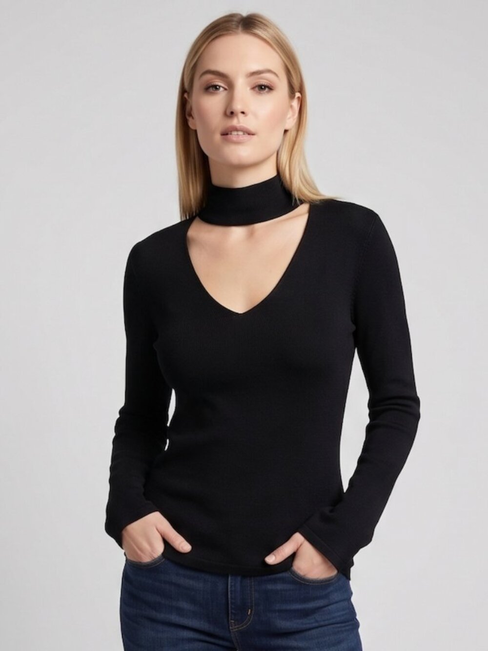 Dana Buchman Black Cutout Choker V-Neck Heavyweight Knit Top | Fall/Winter Like
